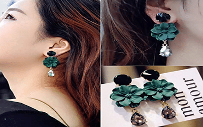 Vertes Fleur avec Crystal en boucles d’oreille