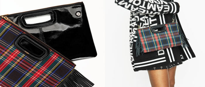 pochette duo en tartan et cuir avec frange